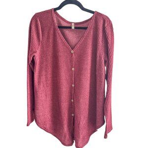 Axis Apparel Womens Button Tie Front Long Sleeve Waffle Knit Burgundy Sweater L